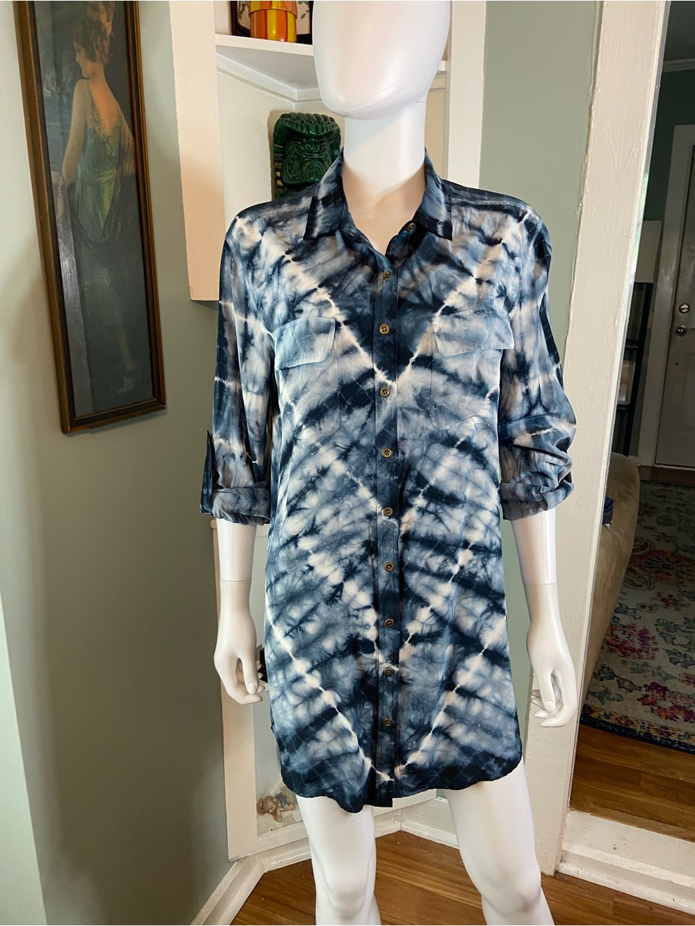 Gypsy 05 Global Village Silk Black Tie-Dye Button-Down Tunic Mini Dress [CH]